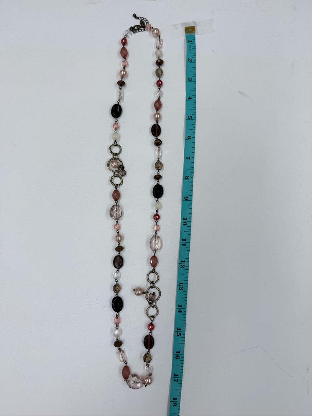 Mixed Pink and Brown Beaded Long Necklace with Metal Ring Accents
